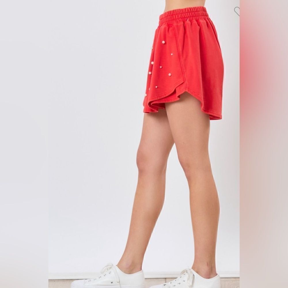 076. PEARL EMBELLISHED RED TERRY SKORT - Picture 3 of 8